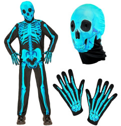 Skeleton costume neon blue, 116-164 cm
