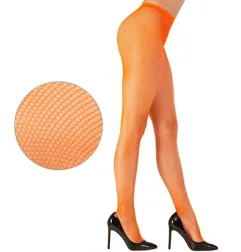 Neon orange fluorescent fishnet tights, standard size, women's party and costume accessory